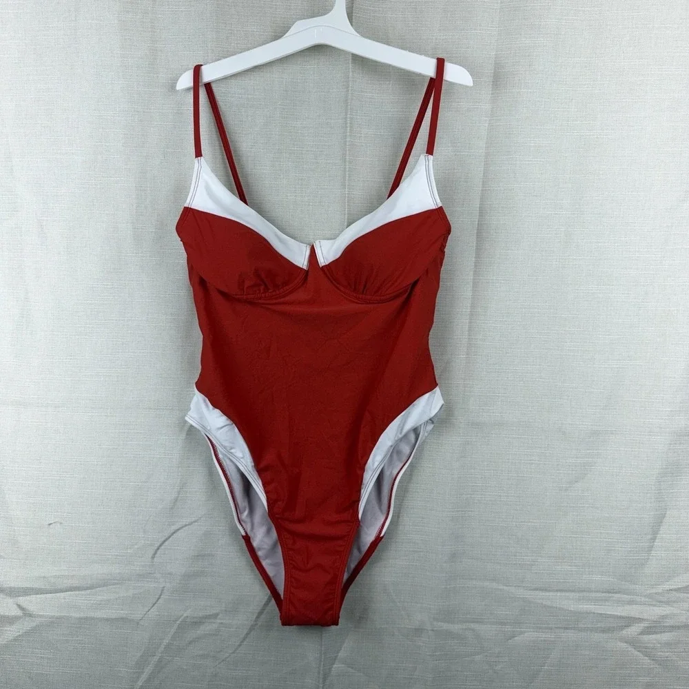 Wild Fable Swimsuit Womens L 12-14 Red White One Piece Underwire High Leg Cheeky